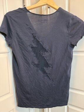 Zadig & Voltaire Navy Cotton Knit V-Neck Story Fishnet Bolt Top Size XS